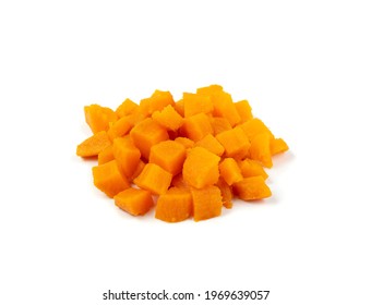 Cooked sweet potato pieces isolated. Steamed sweetpotato cubes, chopped boiled batata, baked Ipomoea batatas, sweet potatoes on white background