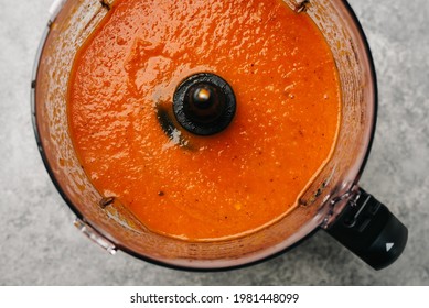 Cooked Tomatoes And Red Peppers In A Food Processor