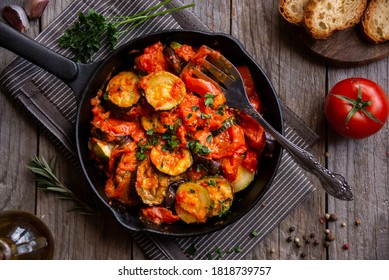 Cooked Vegetables In Frying Pan, French Ratatouille, Vegetable Dish
