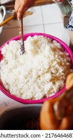 Cooked White Rice, In A Large Bowl For Buffet