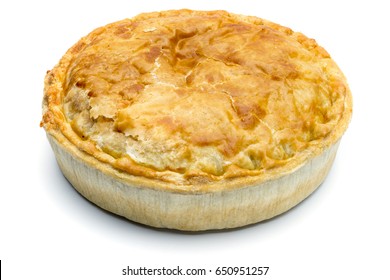 Cooked Whole Round Meat Pie On A White Background