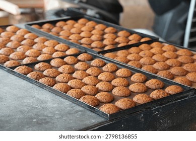 Cookie batch on baking trays in small bakery production, side view with workspace background
