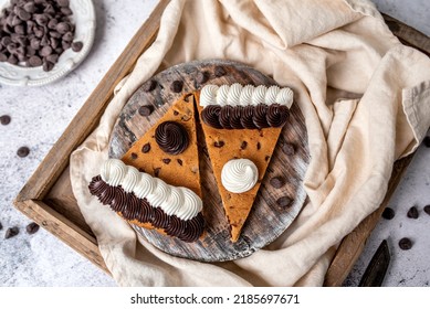 Cookie Cake, Chocolate Chip Cake With Vanilla And Chocolate Frosting. Sliced And Ready To Eat.