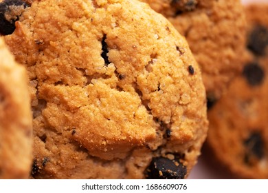 Cookie With Chocolate Chip With Selective Focus, Close-up. Macro Sweet Baked Food  Texture