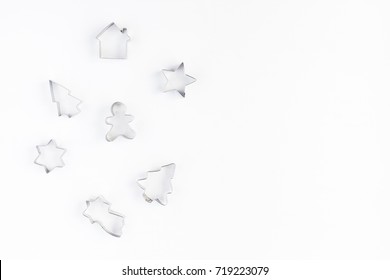 Cookie Cutters On White Background. Christmas, Winter, New Year Concept. Flat Lay, Top View, Copy Space