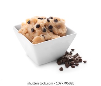 Cookie Dough With Chocolate Chips In Bowl On White Background