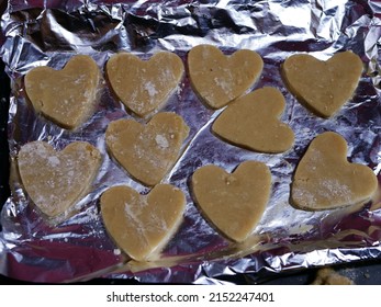 Cookie Dough Heart Shaped Cookies Ready For Baking Overhead Shot Selective Focus