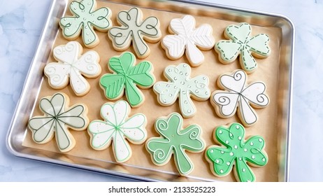 A Cookie Sheet Full Of St. Patrick's Day Sugar Cookies.