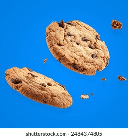 Cookies with chocolate chips isolated on blue background. Broken cookies with bits. - Powered by Shutterstock