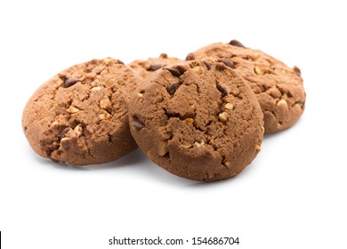 Cookies with chocolate and peanuts on a white background.