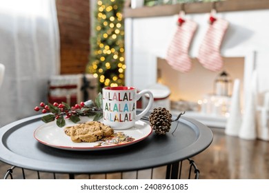 Cookies and Cocoa with Christmas tree and hung stockings - Powered by Shutterstock