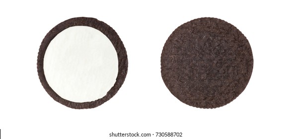 Cookies And Cream Close-up Shot Of Inner Side Of Milk Cream Filling And Crust (no Trademark Or Brand) Isolated On White Background (Clipping Path Included)