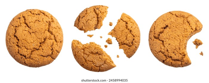 Cookies isolated set. Whole oatmeal cookies and broken pieces on a white background, top view.