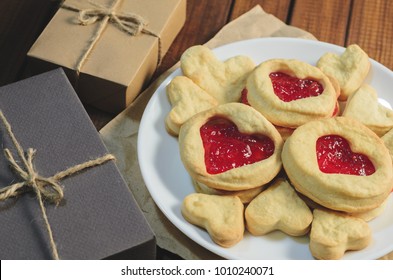 Cookies in the shape of hearts and gifts Valentine's day, top view