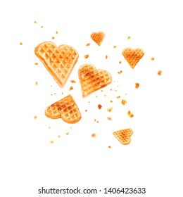 Cookies waffles in shape of heart on white background. Levitation in air. Card for holidays Valentine's Day, Women's Day, Mother's Day. Homemade sweets. love food concept