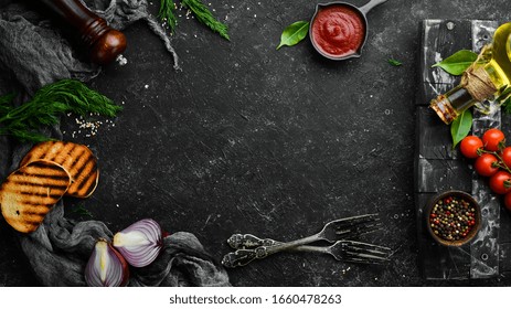 Cooking Banner. Vegetables And Spices On A Black Background. Free Space For Your Text. Rustic Style.