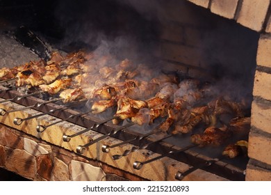 Cooking Barbecue In The Fireplace. Shallow Depth Of Field