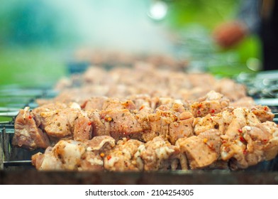 Cooking barbecue on charcoal with smoke, pork on skewers is stacked in a row