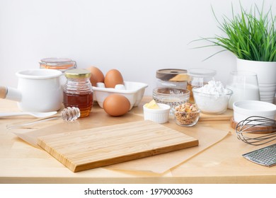 Cooking Breakfast Food Or Bakery With Ingredient And Copy Space Of Chopping Board Background.For Product Display.healthy Eating