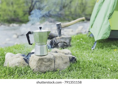 Cooking Breakfast On A Campfire At A Summer Camp.