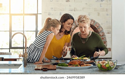 Cooking, brunch or girl with mother and grandmother in kitchen for learning, care and bonding in their home together. Food, love or woman teaching kid traditional, recipe or healthy meal balance - Powered by Shutterstock