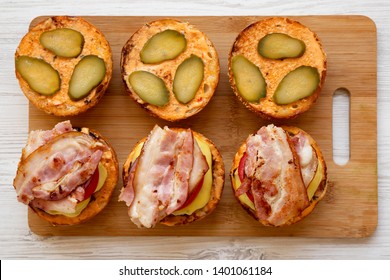 Cooking Cheeseburger Step-by-step, Top View. Flat Lay, From Above, Overhead. Close-up.