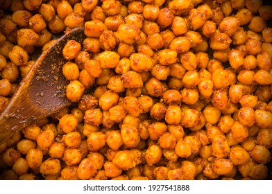 Cooking Chickpeas With Spices In A Pan, Close-up