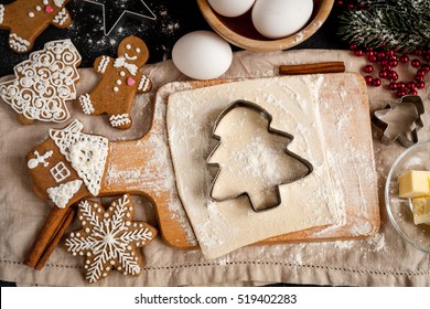 Cooking Christmas Gingerbread On Wooden Background Top View