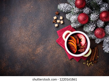 Cooking Christmas Hot Mulled Wine In Pan. Top View, Space For Text