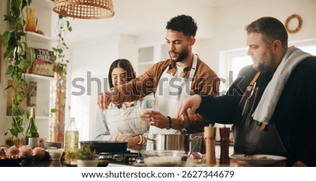 Cooking class, chef and couple with learning in kitchen for meal preparation, culinary skills and recipe instructions. Professional guide, people and food lesson with dinner tips and nutrition advice