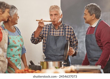 Cooking class, taste or old people with chef in kitchen for fun, bonding or meal for reunion, birthday or lunch in house. Diet, nutrition or senior friends learning traditional food, pasta or recipe - Powered by Shutterstock