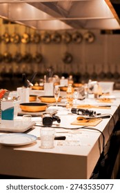 Cooking class workstations ready for culinary masterclass