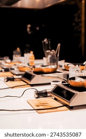 Cooking class workstations ready for culinary masterclass