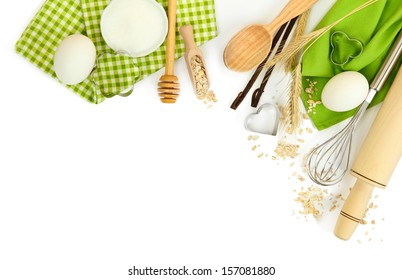 Cooking Concept. Basic Baking Ingredients And Kitchen Tools Isolated On White