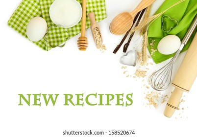 Cooking Concept. Basic Baking Ingredients And Kitchen Tools Isolated On White