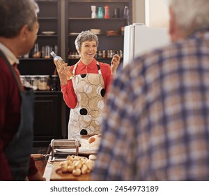 Cooking course, food or mature chef with senior people in kitchen for help, guide or how to questions, advice or steps. Learning, class and nutritionist with audience for teaching, diet or nutrition - Powered by Shutterstock