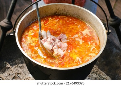 Cooking Delicious Fish Soup With Sturgeon, And Vegetables. Shallow Depth Of Field.