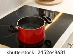 Cooking dinner. Pot with boiling water on cooktop in kitchen