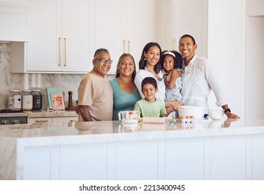 Cooking, Family And Portrait With Grandparents In Kitchen Enjoying Leisure Together At Cancun Home. Senior And Young Mexican Parents Excited To Teach Small Children Baking Skill For Bonding Activity.