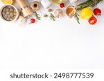 Cooking food background, preparation dinner, lunch flat lay white table with fresh ingredients, spices, condiments - lemon, parsley, garlic, olive oil, salt and pepper, copy space