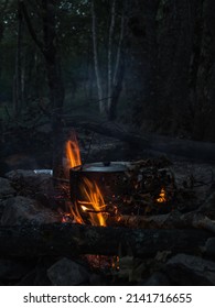 Cooking Food On A Fire. Bonfire In The Forest. Camping For Tourists In Tents. Summer Hiking. No People