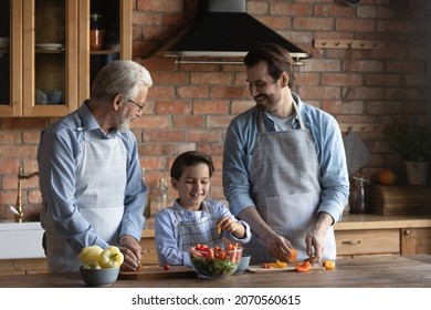 Cooking Food Together. Three Men Generations Wearing Kitchen Aprons Preparing Decorating Eating Tasty Lunch Of Fresh Vegetables. Older Grandfather Young Dad Preteen Kid Son Enjoy Cutting Healthy Salad