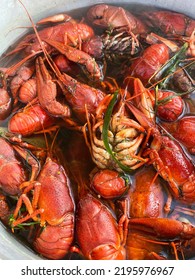 Cooking Freshwater Crayfish. Crawfish Boil In Boiling Water, Close-up.