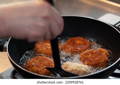 Cooking Homemade Minced Meat Cutlets In A Frying Pan. Japan