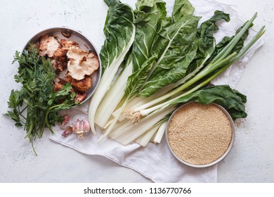 Cooking Ingredients Chard Mangold Salad Leaves Mushrooms Quinoa Graines Herbs Ingredients Vegan Food