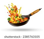 Cooking Italian pasta with vegetables flying over a hot frying pan isolated in white. The concept of food levitation