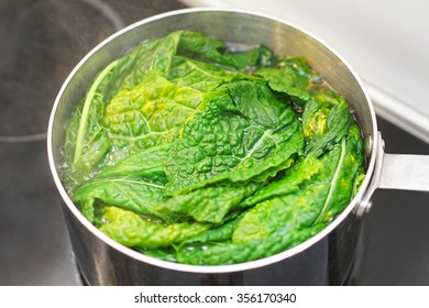 Cooking Leafy Green Swiss Chard In Pot