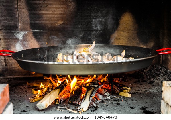 Cooking Making Traditional Spanish Paella Over Stock Photo Edit