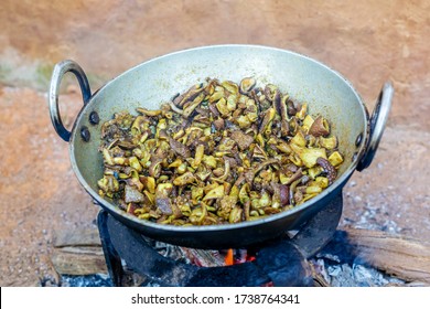 Cooking Meat Bhutan.Mutton Curry Cooking In Village