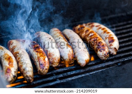 Cooking meats on barbecue grill outdoors.